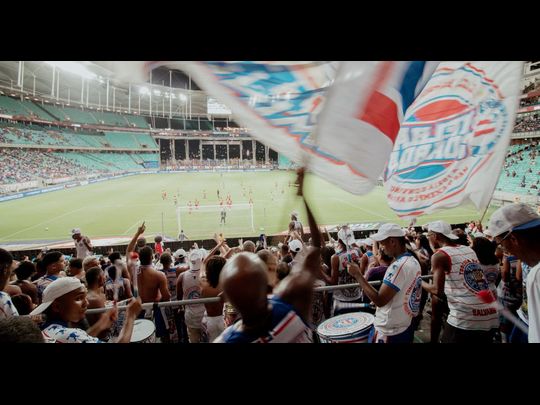 Des supporters agitent des drapeaux et jouent du tambour dans les tribunes pendant un match